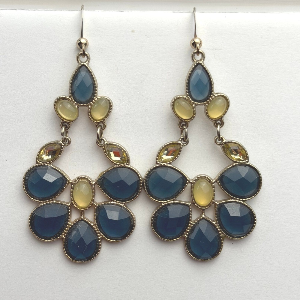 Chandelier Earrings Women OS Blue Yellow Gold Tone